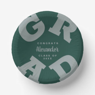 Personalised Grey on Dark Green Graduation Paper Plate