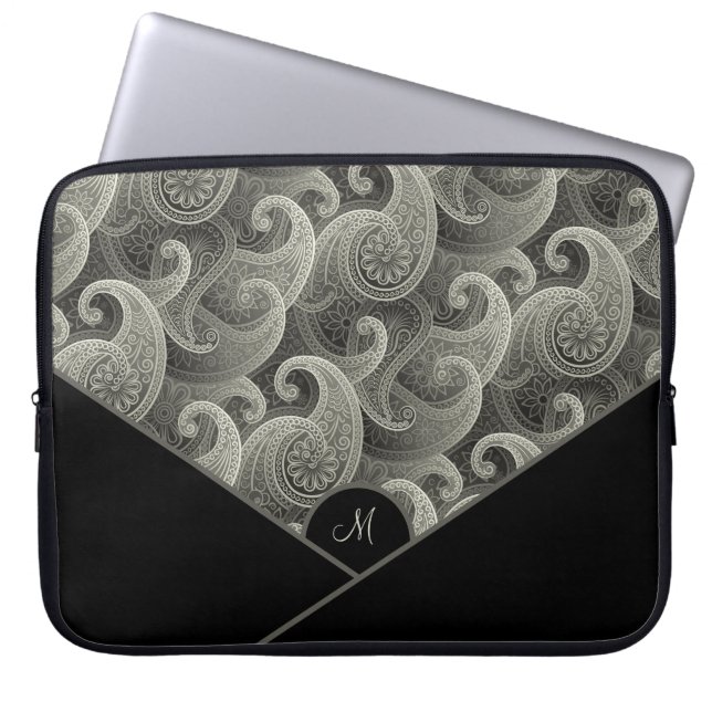 Personalised Grey Paisley Pattern with Monogram Laptop Sleeve (Front)