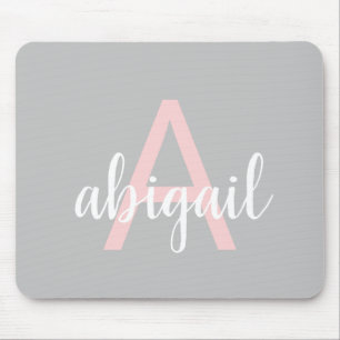 Personalised Grey Pink Monogram Modern Name Mouse Pad