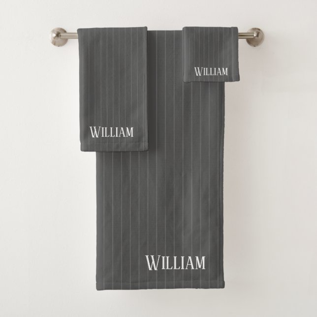 Personalised grey pinstripes bath towel set (Insitu)