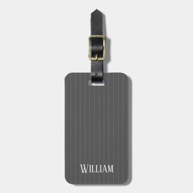 Personalised grey pinstripes luggage tag (Front Vertical)