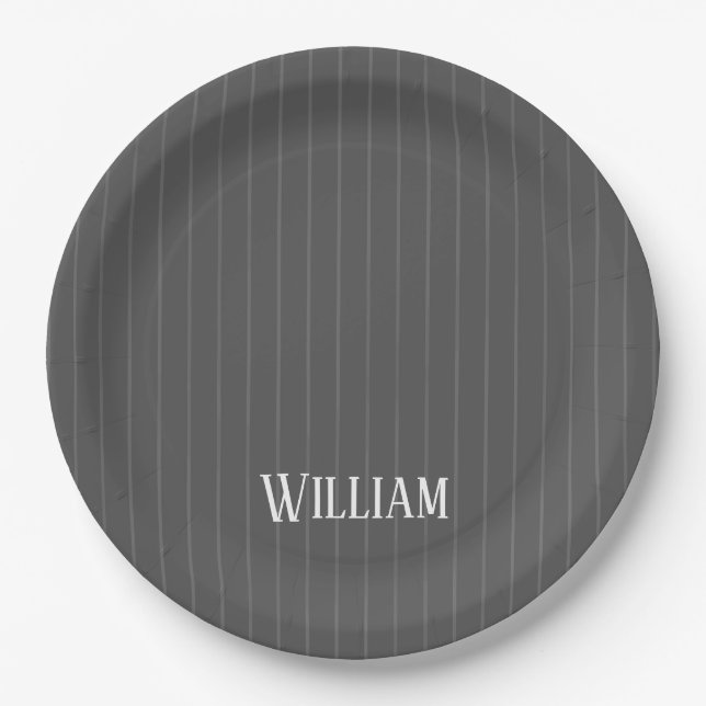 Personalised grey pinstripes paper plate (Front)