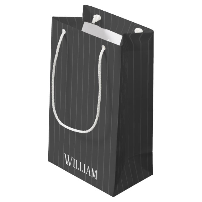 Personalised grey pinstripes small gift bag (Back Angled)