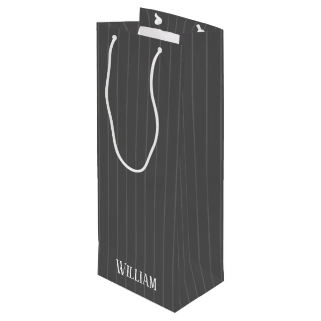 Personalised grey pinstripes wine gift bag (Back Angled)