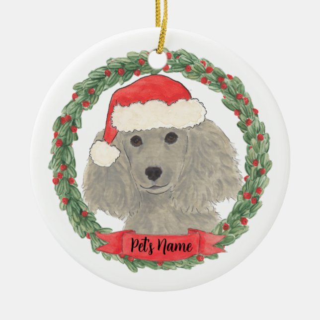 Personalised Grey Silver Poodle Ceramic Tree Decoration (Front)