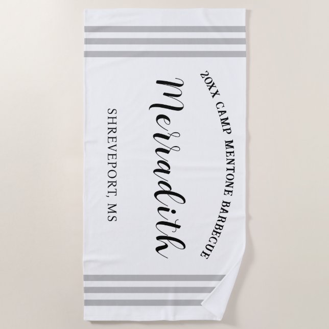 Personalised Grey-Stripes Black White Beach Towel (Front)
