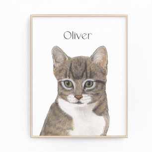 Personalised Grey Tabby Cat Art Photo Print