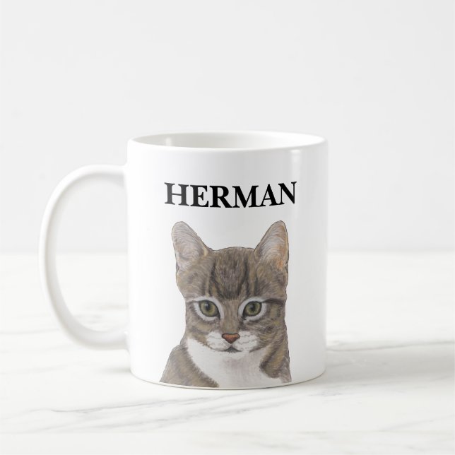 Personalised Grey Tabby Cat Coffee Mug (Left)