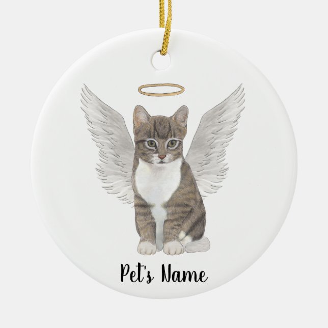 Personalised Grey Tabby Cat Sympathy Memorial Ceramic Tree Decoration (Front)