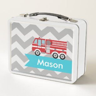 Personalised Grey Teal Chevron Fire Truck Boy Metal Lunch Box