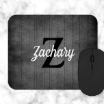 Personalised Grey Vintage Pinstripe Retro Monogram Mouse Pad<br><div class="desc">This design features a vintage pattern of black pinstripes on a charcoal grey background. Personalise it with your monogram initial in black and your name in white retro script.</div>