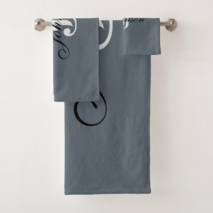 Personalised Grey White Elegant Monogram Bath Towel Set