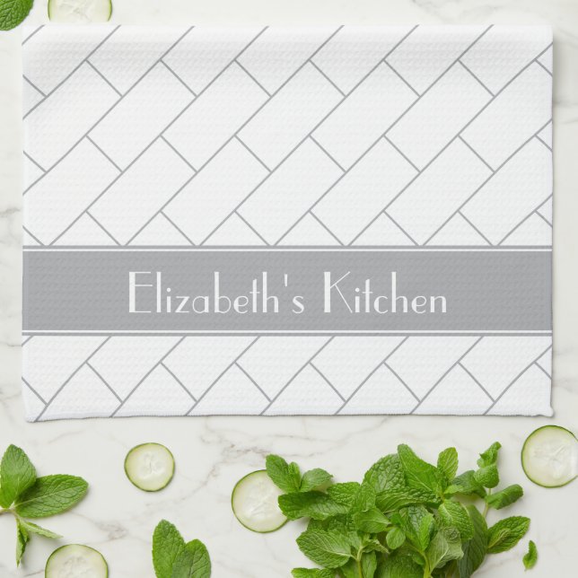 Personalised Grey White Subway Tile Brick Tea Towel (Folded)