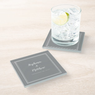 Personalised Grey White Wedding Bride Groom Modern Glass Coaster