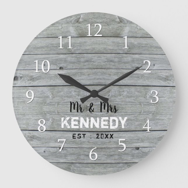 Personalised Grey Wood Wedding Anniversary Large Clock (Front)