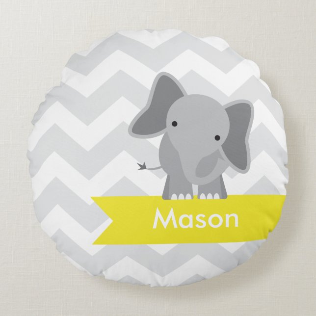 Personalised Grey Yellow Chevron Elephant Round Cushion (Front)