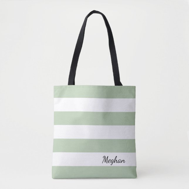 Personalised Greyed Jade and White Striped Tote Bag (Front)