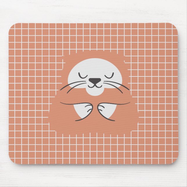Personalised grid line brown cute cat mouse pad (Front)