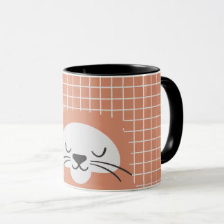 Personalised grid line brown cute cat mug