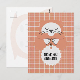 Personalised grid line brown cute cat postcard