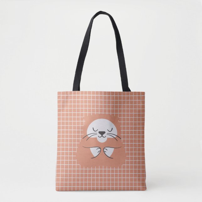 Personalised grid line brown cute cat tote bag (Front)
