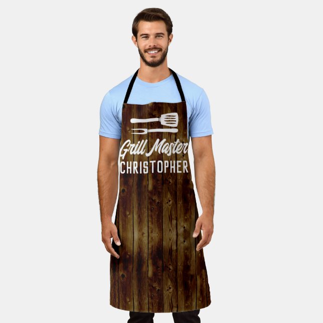 Personalised Grill Master BBQ Rustic Wood Chef Apron (Worn)