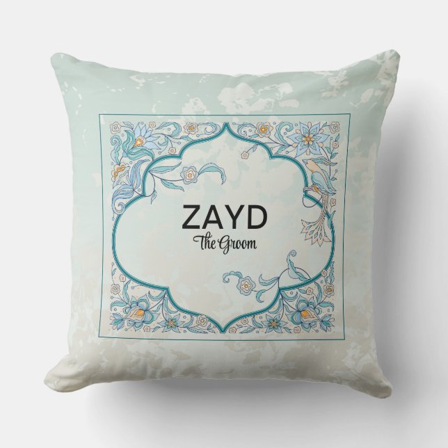 Personalised Groom Cushion | Blue Arabesque Floral (Front)