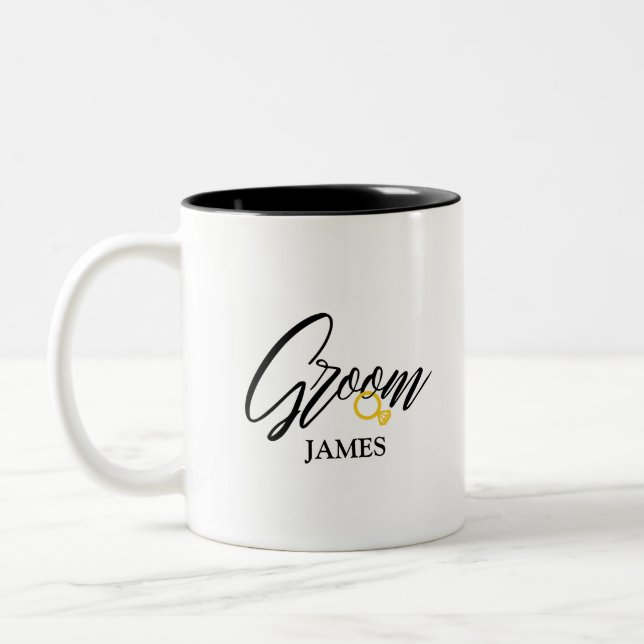 Personalised Groom's Name with golden ring  Two-Tone Coffee Mug (Left)