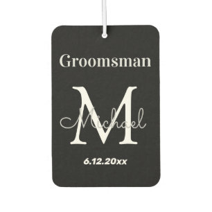 personalised  groomsman, black and white monogram car air freshener