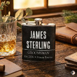 Personalised Groomsman Black Chalkboard Custom Nam Hip Flask<br><div class="desc">Personalised stainless steel hip flask with a rustic black chalkboard design for groomsmen. Customise with name,  role (like "Groomsman" or "Best Man"),  and an established year. A stylish and memorable wedding party gift.</div>