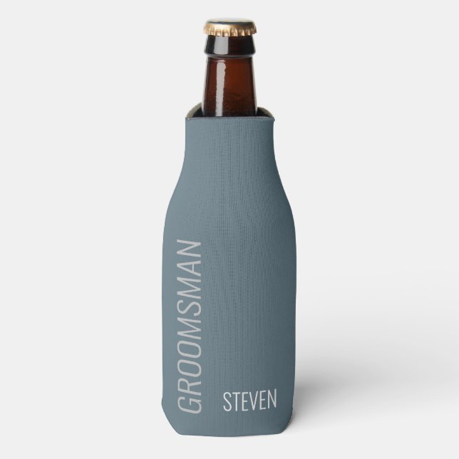 Personalised Groomsman Modern Dusty Blue Custom Bottle Cooler (Bottle Front)