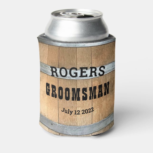 Personalised Groomsman Rustic Bourbon Barrel Can Cooler (Can Back)