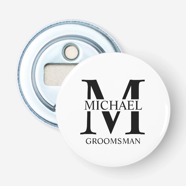 Personalised Groomsman's Name and Monogram Bottle Opener (Front)