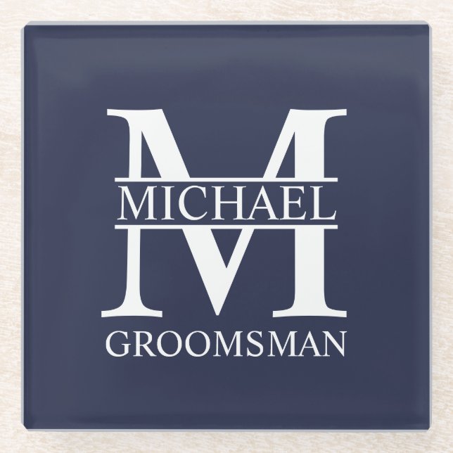 Personalised Groomsman's Name and Monogram Glass Coaster (Front)
