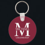 Personalised Groomsman's Name and Monogram Key Ring<br><div class="desc">Classic Personalised Groomsmen Gifts
featuring personalised groomsman's monogram,  name and title in white classic serif font style on burgundy red background.

Also perfect for best man,  father of the bride and more.</div>