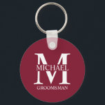 Personalised Groomsman's Name and Monogram Key Ring<br><div class="desc">Classic Personalised Groomsmen Gifts
featuring personalised groomsman's monogram,  name and title in white classic serif font style on burgundy red background.

Also perfect for best man,  father of the bride and more.</div>