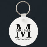 Personalised Groomsman's Name and Monogram Key Ring<br><div class="desc">Classic Personalised Groomsmen Gifts
featuring personalised groomsman's monogram,  name and title in black classic serif font style on white background.

Also perfect for best man,  father of the bride and more.</div>