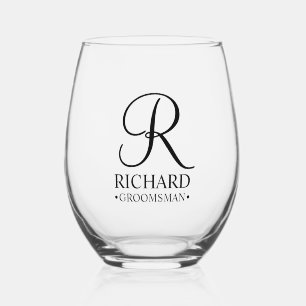 Personalised Groomsman's Name and Monogram Stemless Wine Glass
