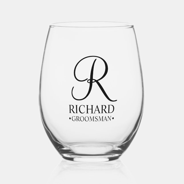 Personalised Groomsman's Name and Monogram Stemless Wine Glass (Front)