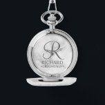 Personalised Groomsman's Name and Monogram Watch<br><div class="desc">Elegant Black and White Personalised Groomsman Gifts featuring personalised monogram in grey elegant script font style with groomsman's name and title in classic serif font style on white marble background. Also perfect for best man, father of the bride, bridesmaid, maid of honour, flower girl, mother of the bride and more....</div>