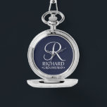 Personalised Groomsman's Name and Monogram Watch<br><div class="desc">Elegant Black and White Personalised Groomsman Gifts featuring personalised monogram in white elegant script font style with groomsman's name and title in classic serif font style on navy blue background. Also perfect for best man, father of the bride, bridesmaid, maid of honour, flower girl, mother of the bride and more....</div>