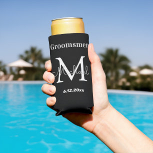 personalised  groomsmen, black white chic wedding seltzer can cooler