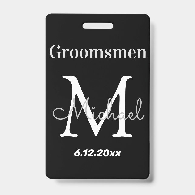 personalised  groomsmen elegant black wedding ID badge (Front)