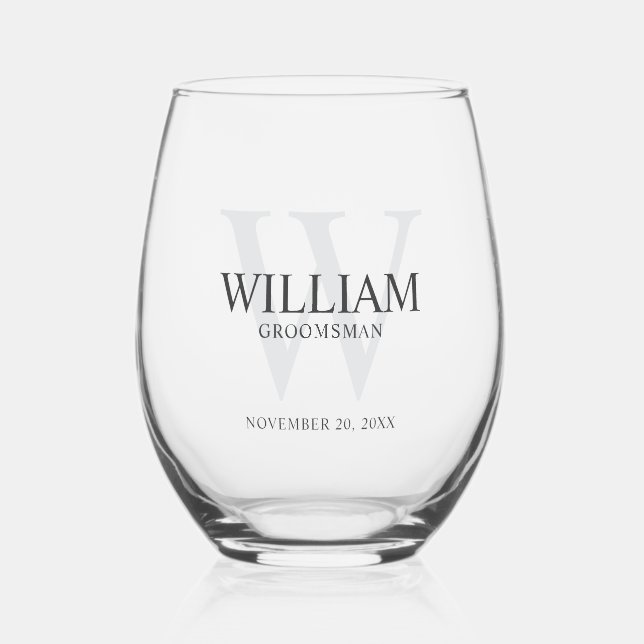 Personalised Groomsmen Monogram & Name Stemless Wine Glass (Front)
