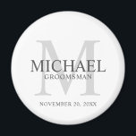 Personalised Groomsmen's name and monogram Magnet<br><div class="desc">Add a personal touch to your wedding with personalised groomsmen magnet. This magnet features personalised groomsman's name with title and wedding date in grey and monogram in light grey as background, in classic serif font style, on white background. Also perfect for best man, father of the bride, ring bearer and...</div>