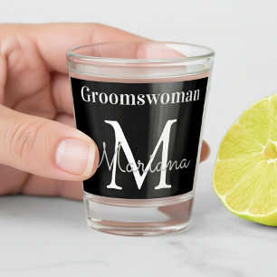 personalised  groomswoman black white monogram shot glass