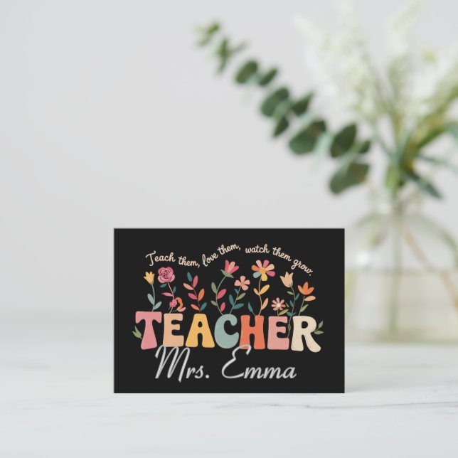 Personalised Groovy Flowers Teacher Custom Gift Business Card (Standing Front)
