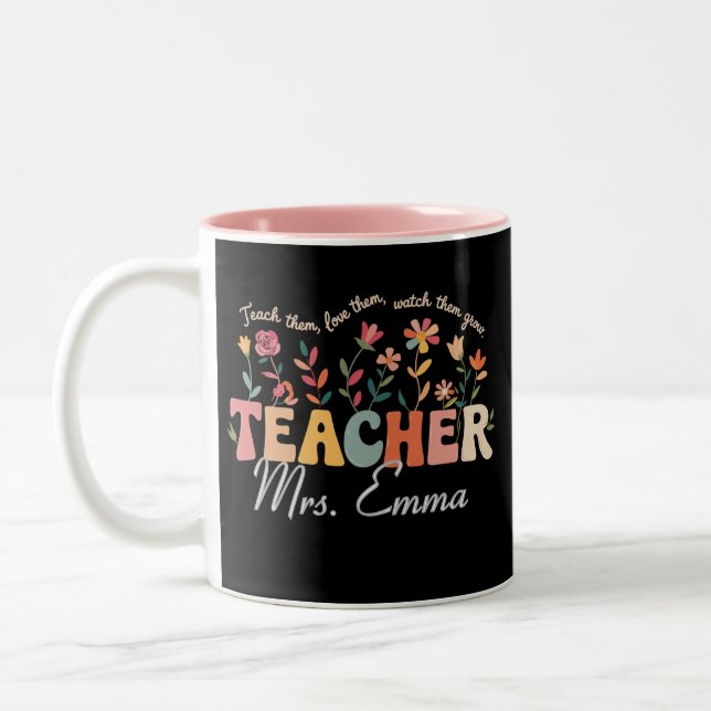 Personalised Groovy Flowers Teacher Custom Gift Two-Tone Coffee Mug (Left)