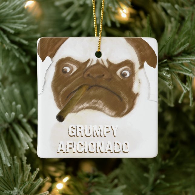 Personalised Grumpy AFICIONADO Puggy Cigar Ceramic Ornament (Tree)