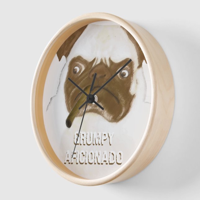 Personalised Grumpy AFICIONADO Puggy Cigar Wall Clock (Angle)